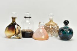 FIVE LATER 20TH CENTURY STUDIO GLASS PERFUME BOTTLES, comprising a Charlie Meaker bottle with a
