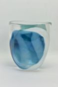 ANNETTE MEECH (CONTEMPORARY) A LARGE STUDIO GLASS VASE, of compressed form with blue, green and