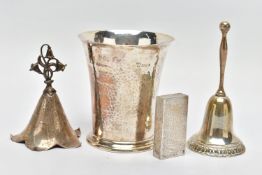 FOUR PIECES OF 20TH CENTURY SILVER, comprising a George V beaker, hand hammered finish, retailed
