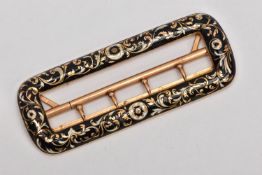 AN EARLY 19TH CENTURY FRENCH GOLD ENAMELLED BELT BUCKLE, a rectangular slim buckle detailed with