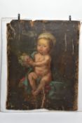 18TH CENTURY SCHOOL, PUTTO HOLDING A BOUQUET OF FLOWERS, with fabric draped over one shoulder and