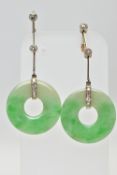 A PAIR OF ART DECO JADE AND DIAMOND WHITE AND YELLOW METAL EARRINGS, each ear pendant set with a