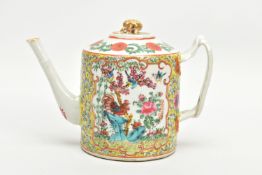 A CHINESE EXPORT PORCELAIN CYLINDRICAL TEA POT AND COVER, the polychrome enamelled cover with