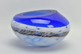 JANE CHARLES (BRITISH CONTEMPORARY) A SOMMERSO GLASS ROCKING BOWL, clear over a solid blue over a