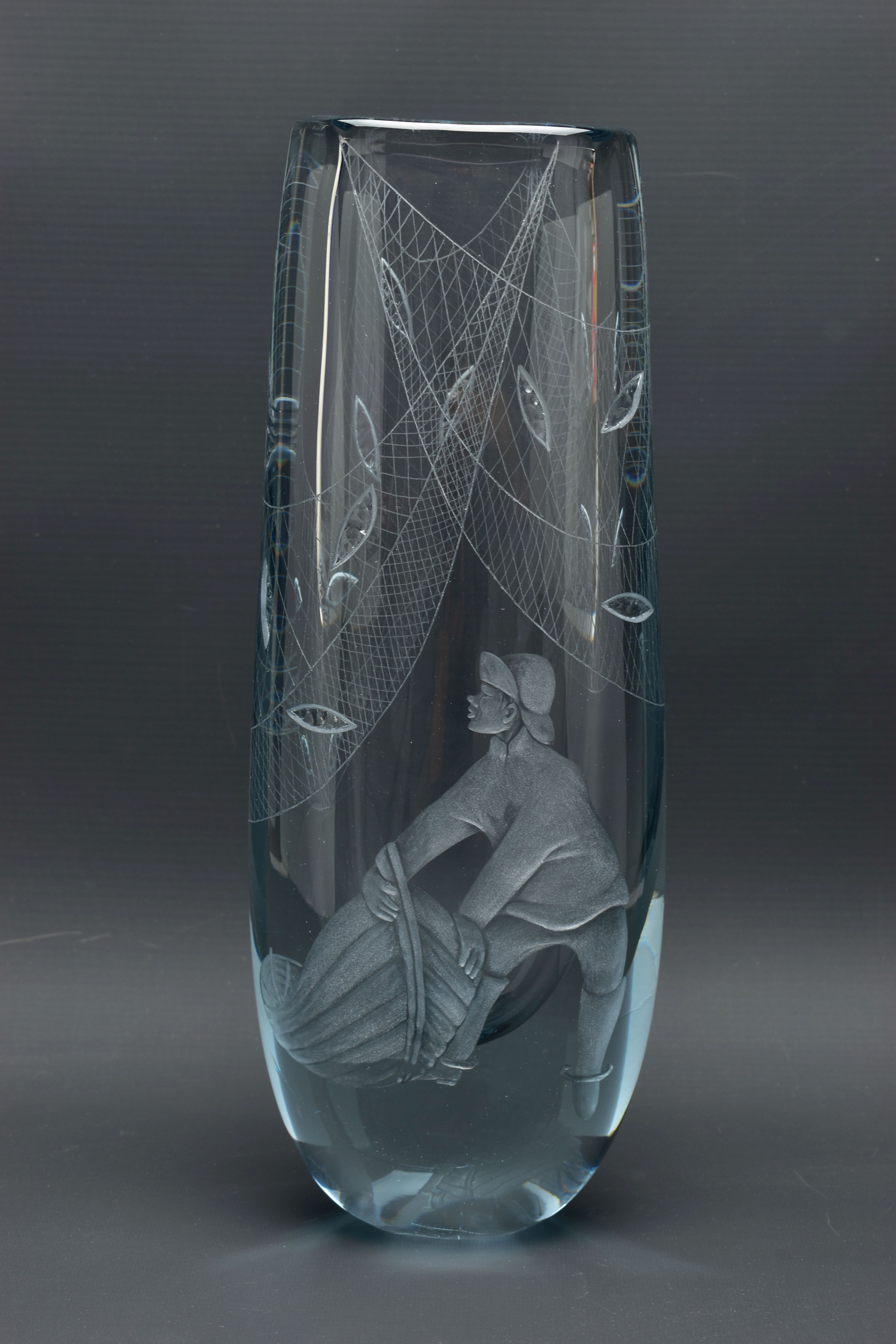 A STROMBERGSHYTTAN WHEEL ENGRAVED VASE OF A FISHERMAN LANDING HIS CATCH, the vase design by Asta - Image 7 of 12