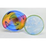 TWO LATER 20TH CENTURY STUDIO GLASS CHARGERS, comprising a Chris Comins ovoid sommerso glass