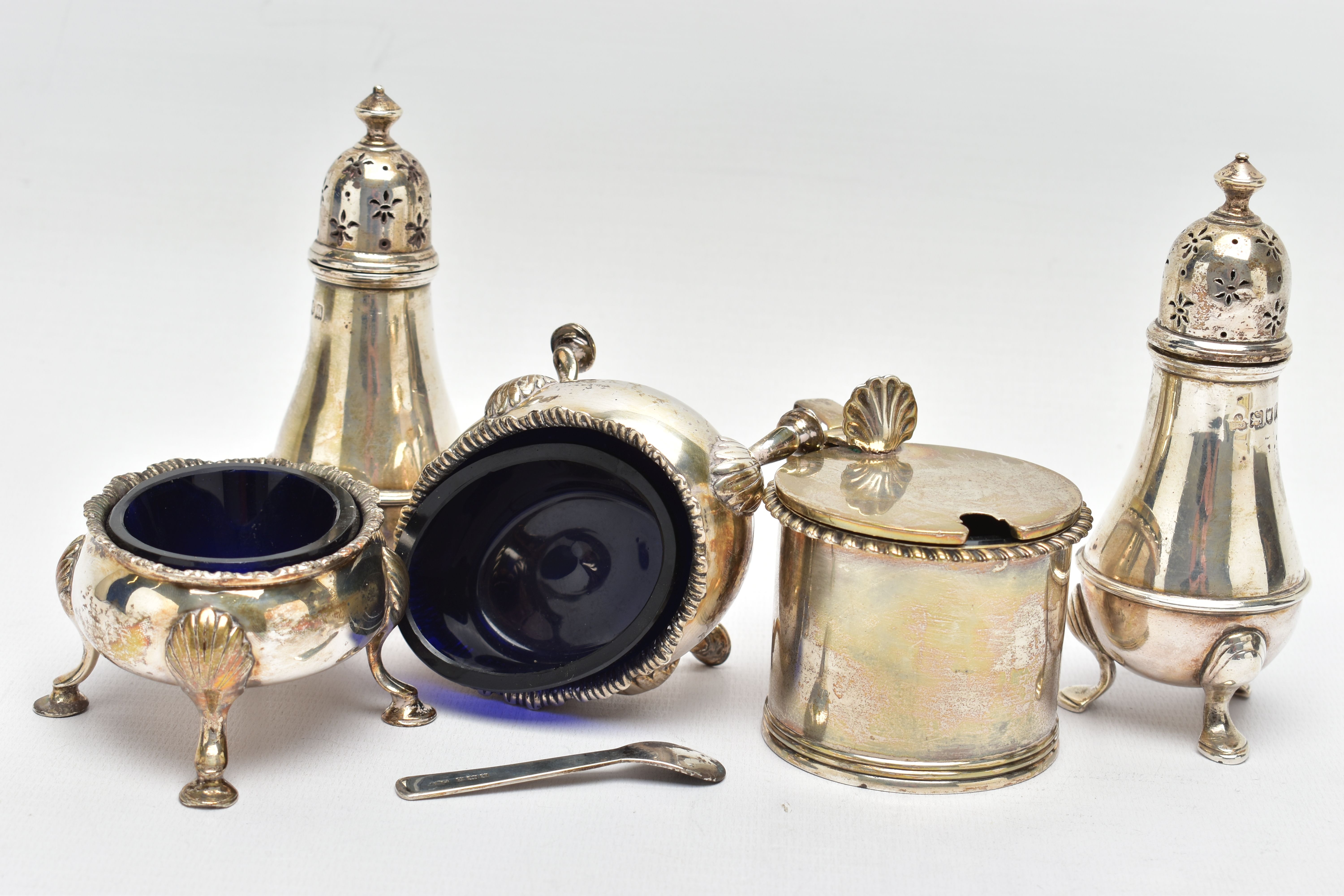 A PAIR OF GEORGE III SILVER OVAL SALTS AND THREE OTHER SILVER CRUET ITEMS, the oval salts with - Image 8 of 8
