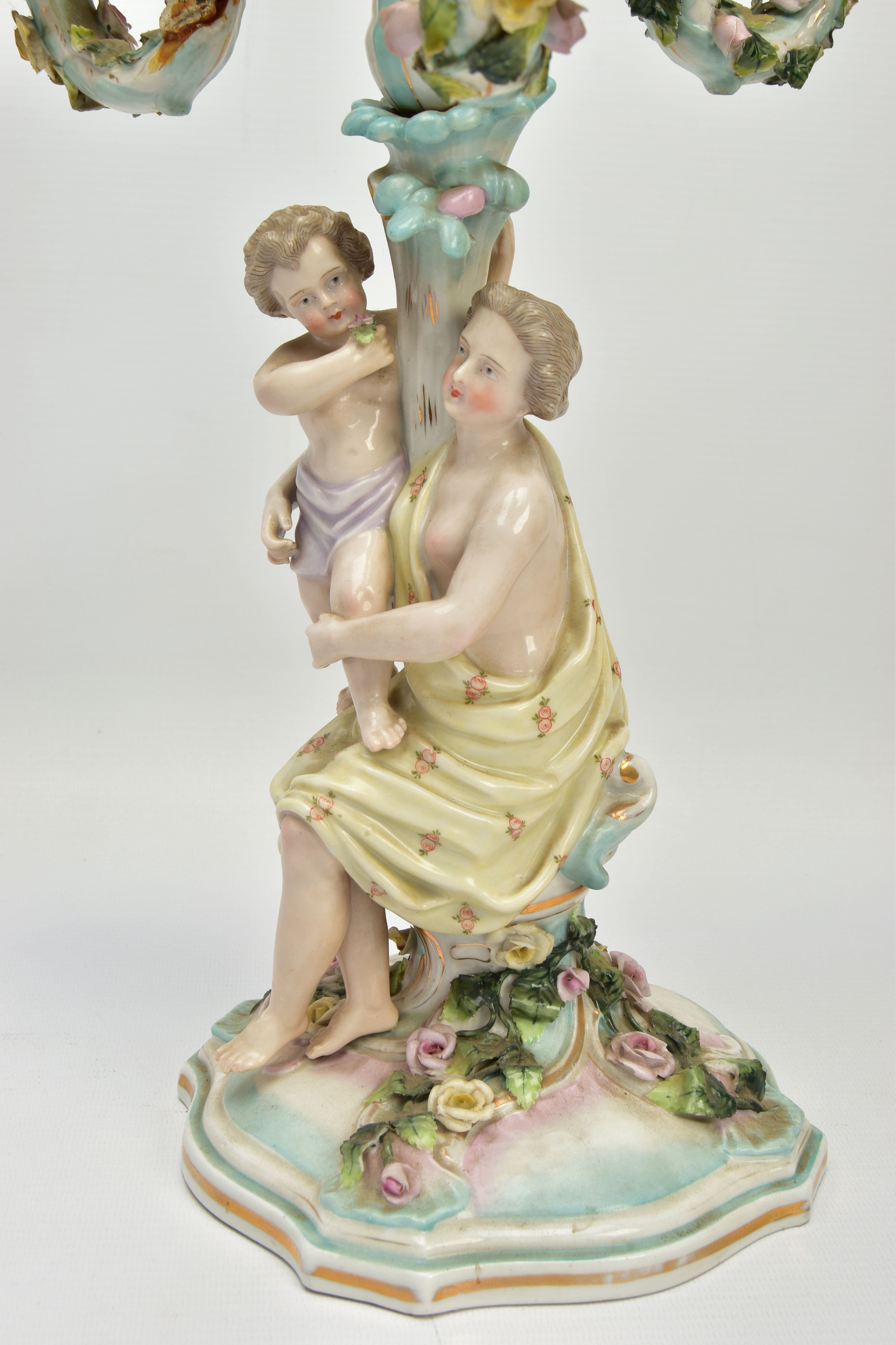 A PAIR OF LATE 19TH / EARLY 20TH CENTURY PLAUE PORCELAIN FLORALLY ENCRUSTED FIGURAL CANDELABRA, each - Image 22 of 23