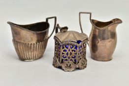 A VICTORIAN PIERCED SILVER MUSTARD OF HEXAGONAL FORM AND TWO VICTORIAN MILK / CREAM JUGS, the