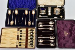 THREE CASES OF SILVER TEA AND COFFEE SPOONS AND A CASED GEORGE VI SILVER FIVE PIECE CRUET SET,