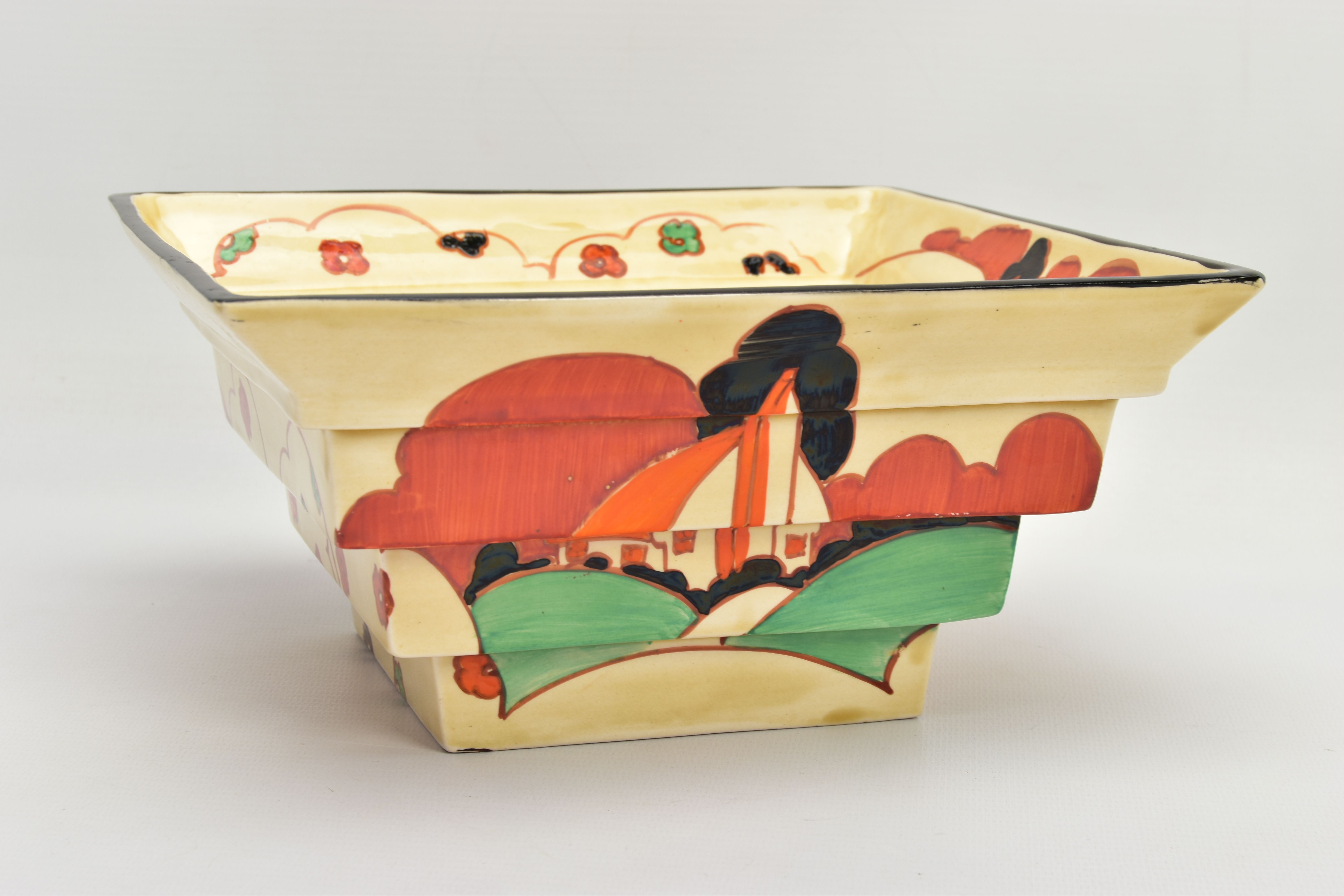 A CLARICE CLIFF FANTASQUE BIZARRE STEPPED SQUARE BOWL IN THE FARMHOUSE PATTERN, shape no 367, - Image 3 of 8