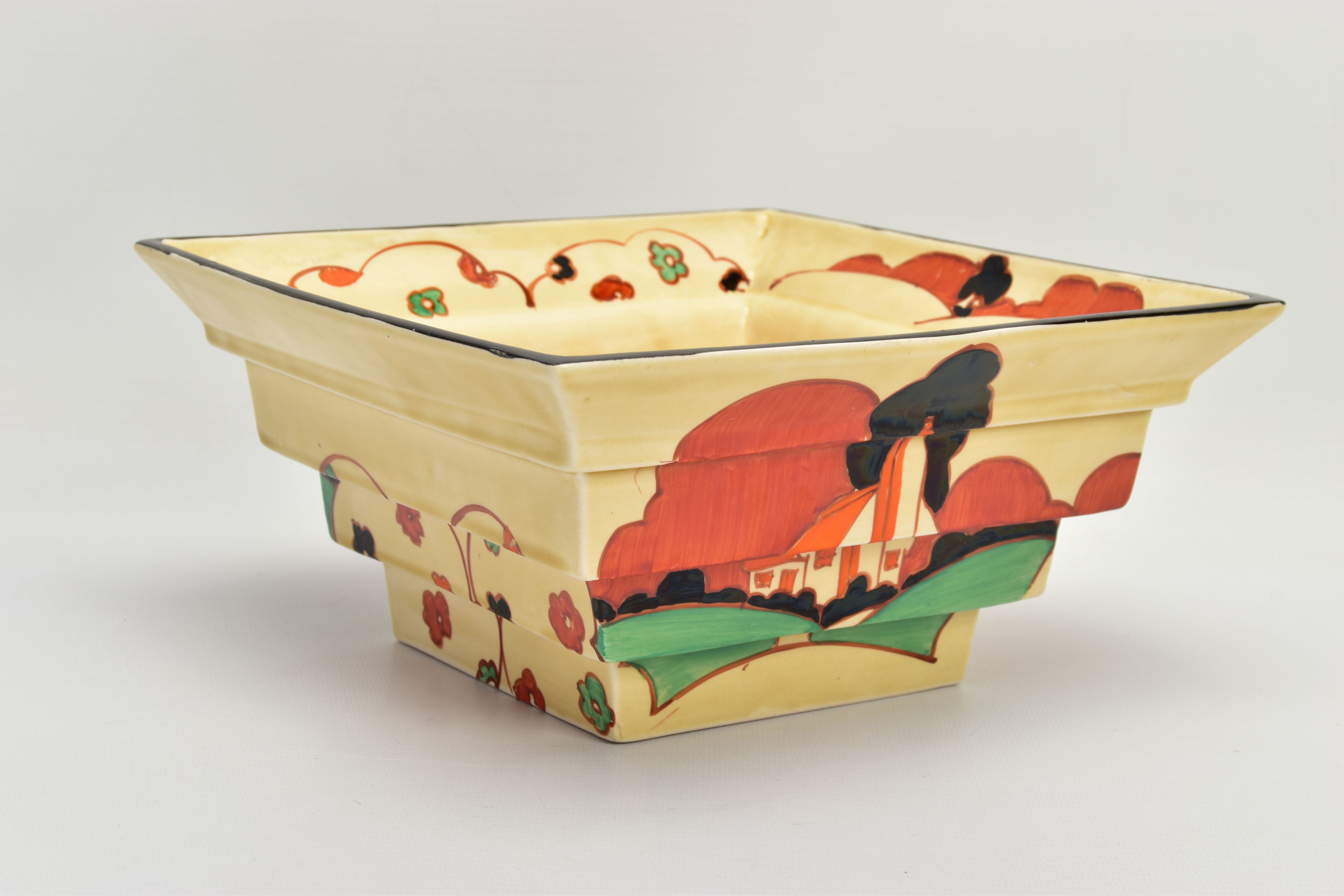 A CLARICE CLIFF FANTASQUE BIZARRE STEPPED SQUARE BOWL IN THE FARMHOUSE PATTERN, shape no 367,