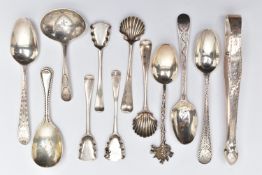 A SMALL PARCEL OF 18TH, 19TH AND 20TH CENTURY SILVER TEASPOONS, CONDIMENT SPOONS, CADDY SPOONS, ETC,