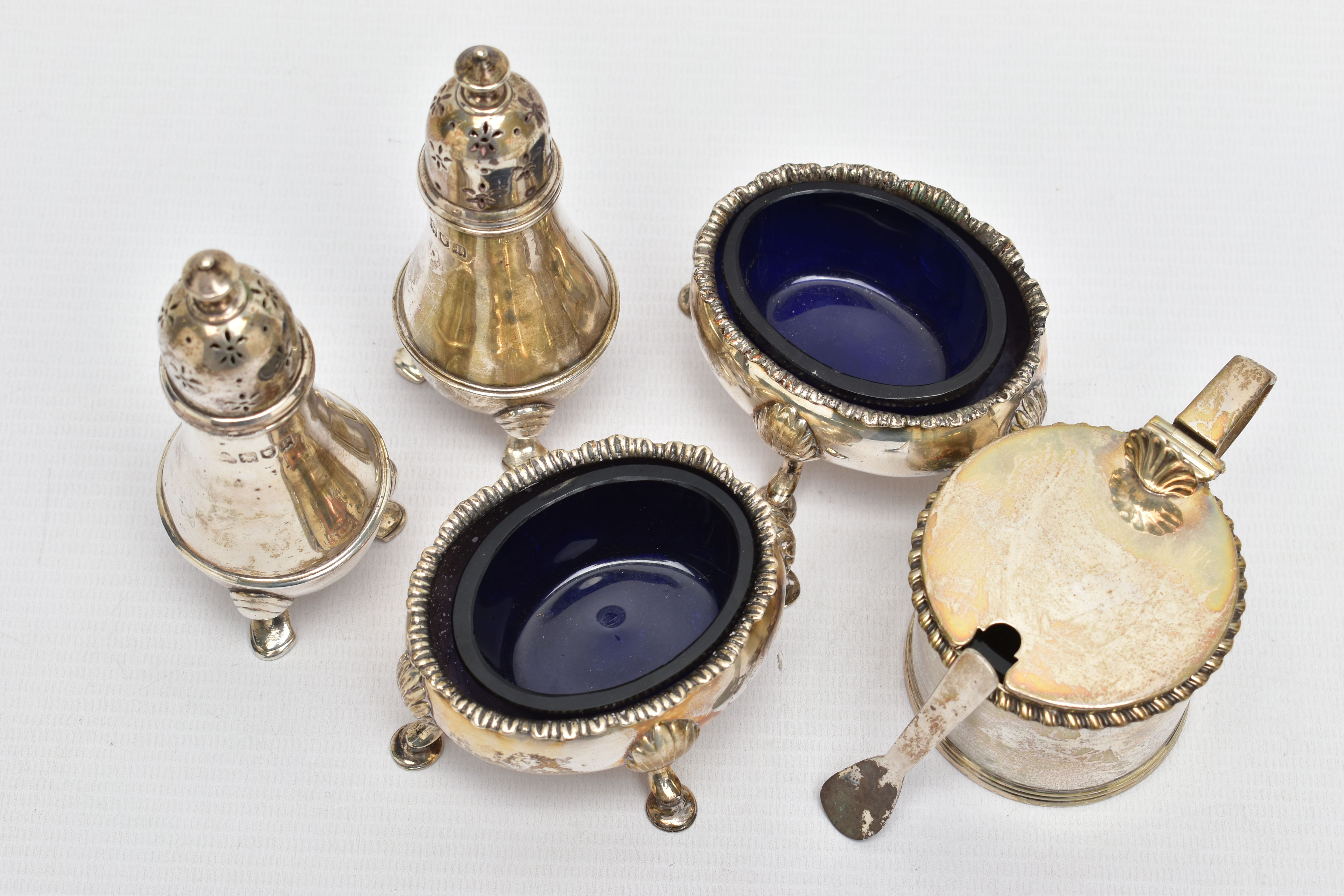 A PAIR OF GEORGE III SILVER OVAL SALTS AND THREE OTHER SILVER CRUET ITEMS, the oval salts with - Image 2 of 8