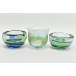 THREE ISLE OF WIGHT STUDIO GLASS BOWLS, the two shorter bowls have impressed marks to the base and