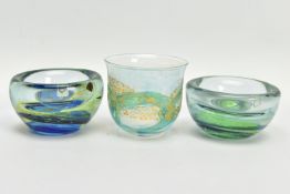 THREE ISLE OF WIGHT STUDIO GLASS BOWLS, the two shorter bowls have impressed marks to the base and
