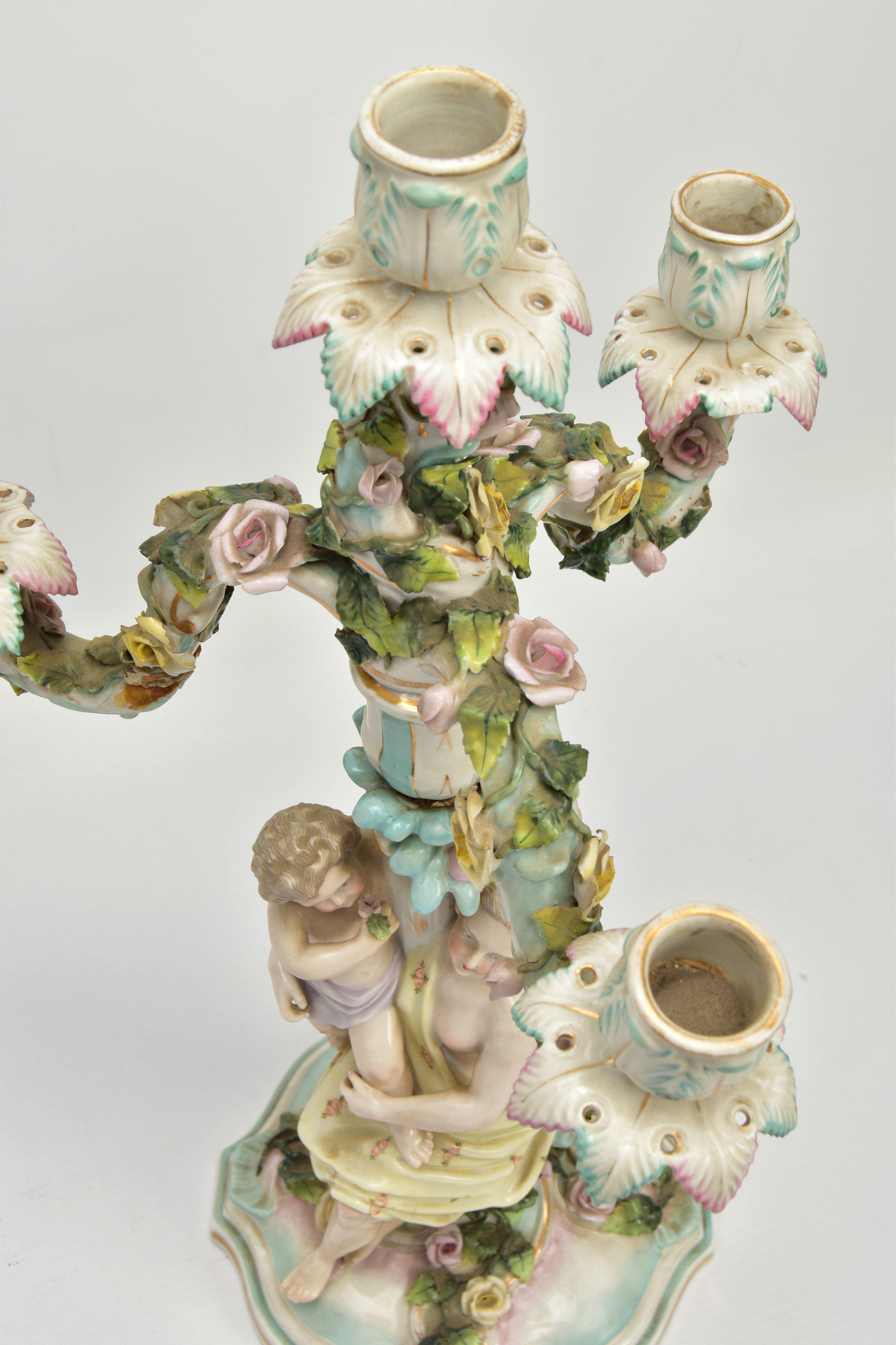 A PAIR OF LATE 19TH / EARLY 20TH CENTURY PLAUE PORCELAIN FLORALLY ENCRUSTED FIGURAL CANDELABRA, each - Image 23 of 23
