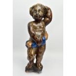 A CARVED WOODEN SUPPORT IN THE FORM OF A PUTTI, with later polychrome decoration and later