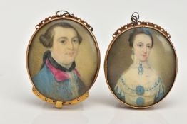 TWO GOLD GEORGIAN PORTRAIT MINIATURE CLASPS, hand painted on ivory, one of a gentleman in a blue