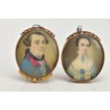 TWO GOLD GEORGIAN PORTRAIT MINIATURE CLASPS, hand painted on ivory, one of a gentleman in a blue