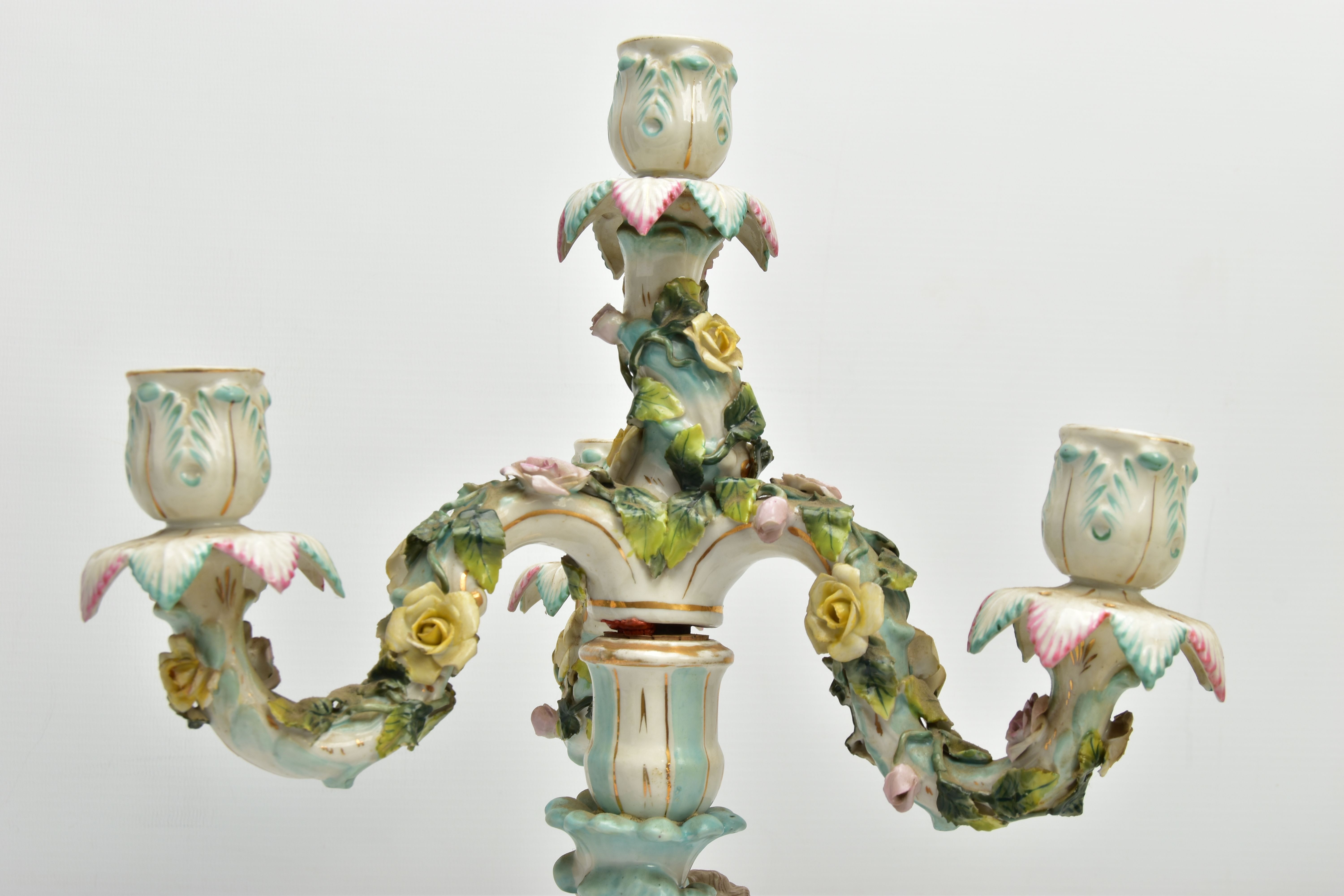 A PAIR OF LATE 19TH / EARLY 20TH CENTURY PLAUE PORCELAIN FLORALLY ENCRUSTED FIGURAL CANDELABRA, each - Image 5 of 23