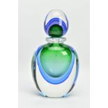 A FORMIA OF MURANO OVERSIZED SOMMERSO GLASS PERFUME BOTTLE, clear over blue, purple and green,