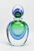 A FORMIA OF MURANO OVERSIZED SOMMERSO GLASS PERFUME BOTTLE, clear over blue, purple and green,
