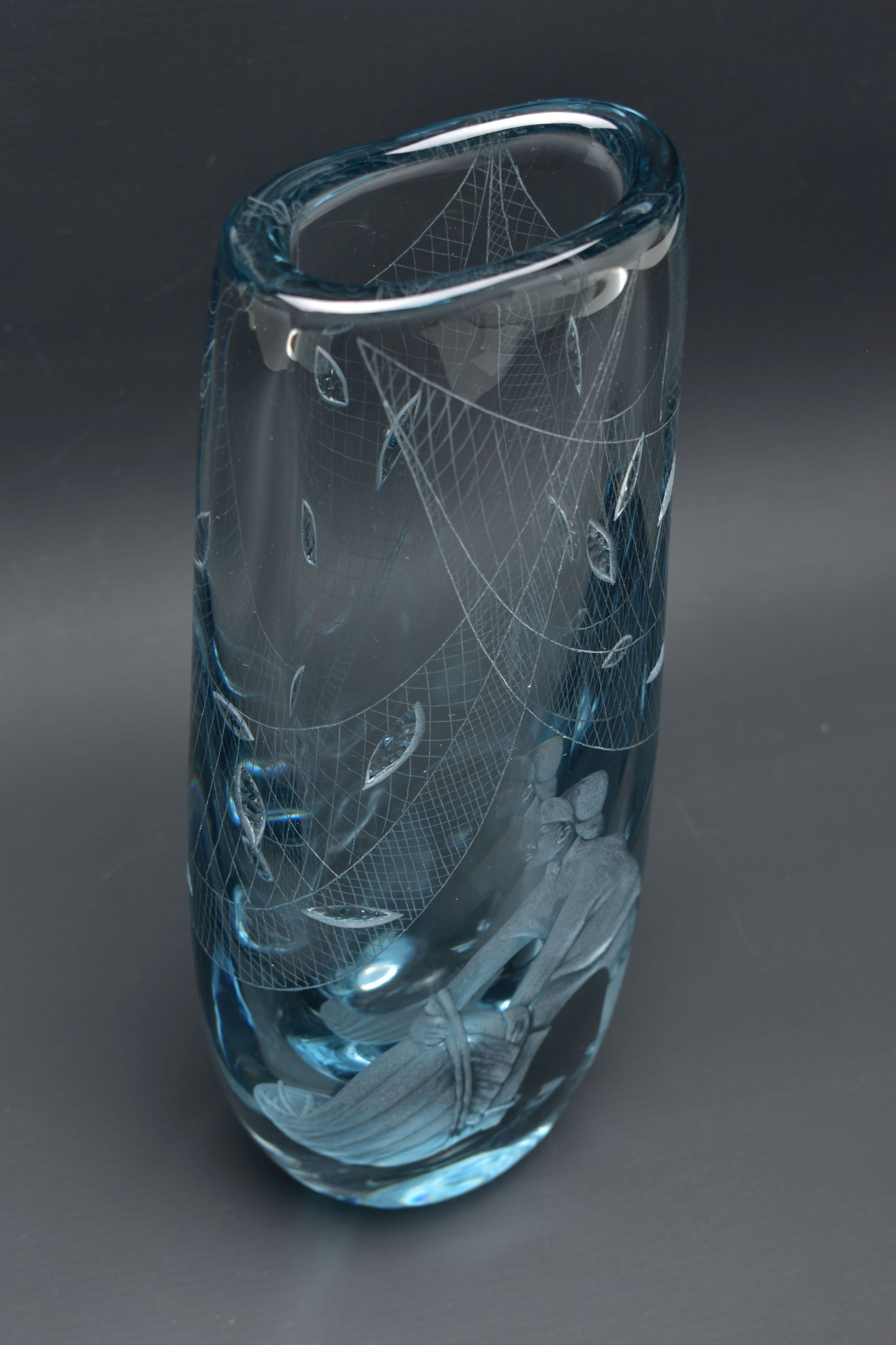 A STROMBERGSHYTTAN WHEEL ENGRAVED VASE OF A FISHERMAN LANDING HIS CATCH, the vase design by Asta - Image 10 of 12