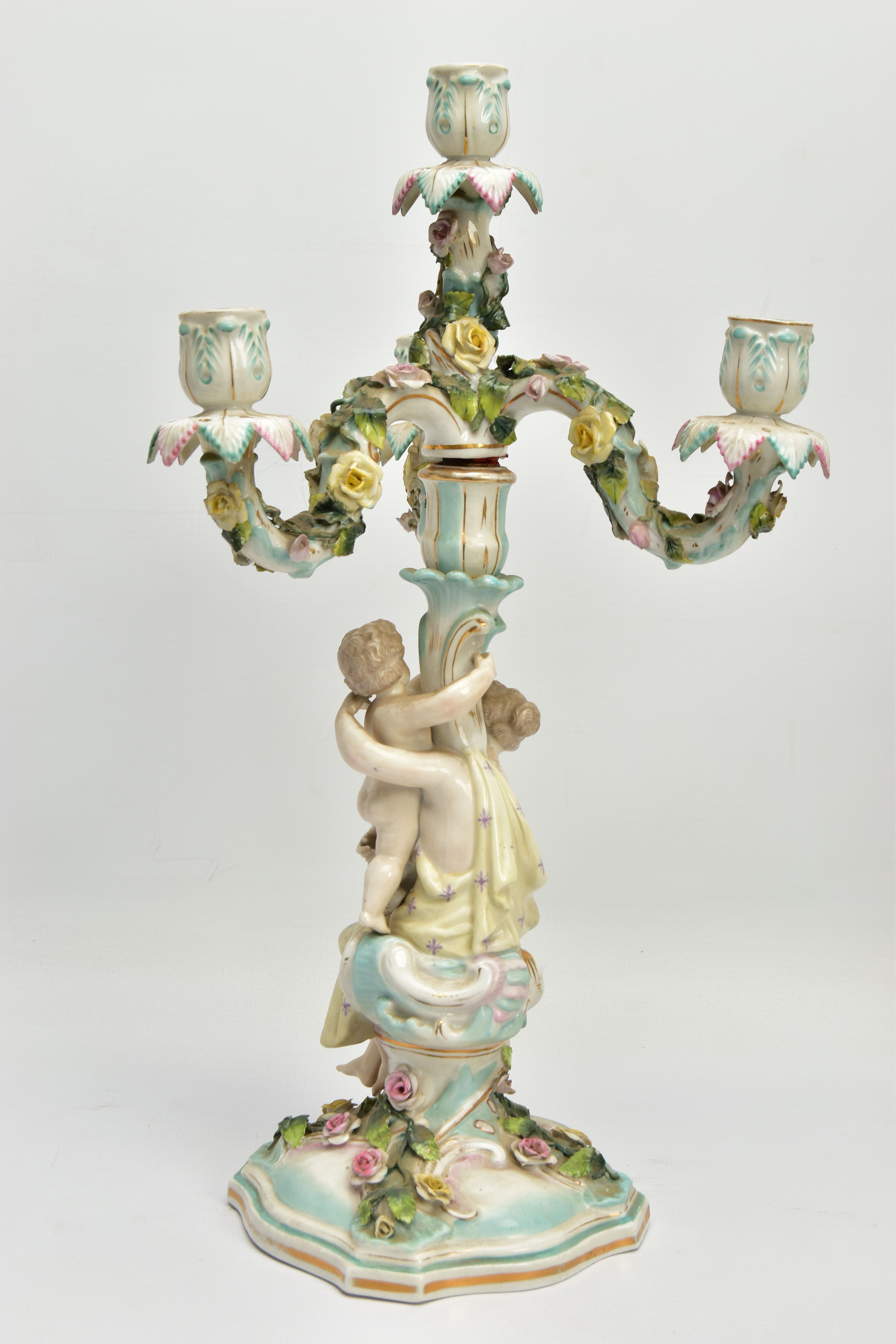 A PAIR OF LATE 19TH / EARLY 20TH CENTURY PLAUE PORCELAIN FLORALLY ENCRUSTED FIGURAL CANDELABRA, each - Image 7 of 23