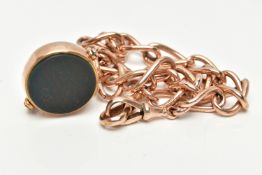 AN EARLY 20TH CENTURY 9CT GOLD ALBERT CHAIN AND HARDSTONE SWIVEL FOB, rose gold Albert chain