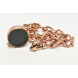 AN EARLY 20TH CENTURY 9CT GOLD ALBERT CHAIN AND HARDSTONE SWIVEL FOB, rose gold Albert chain