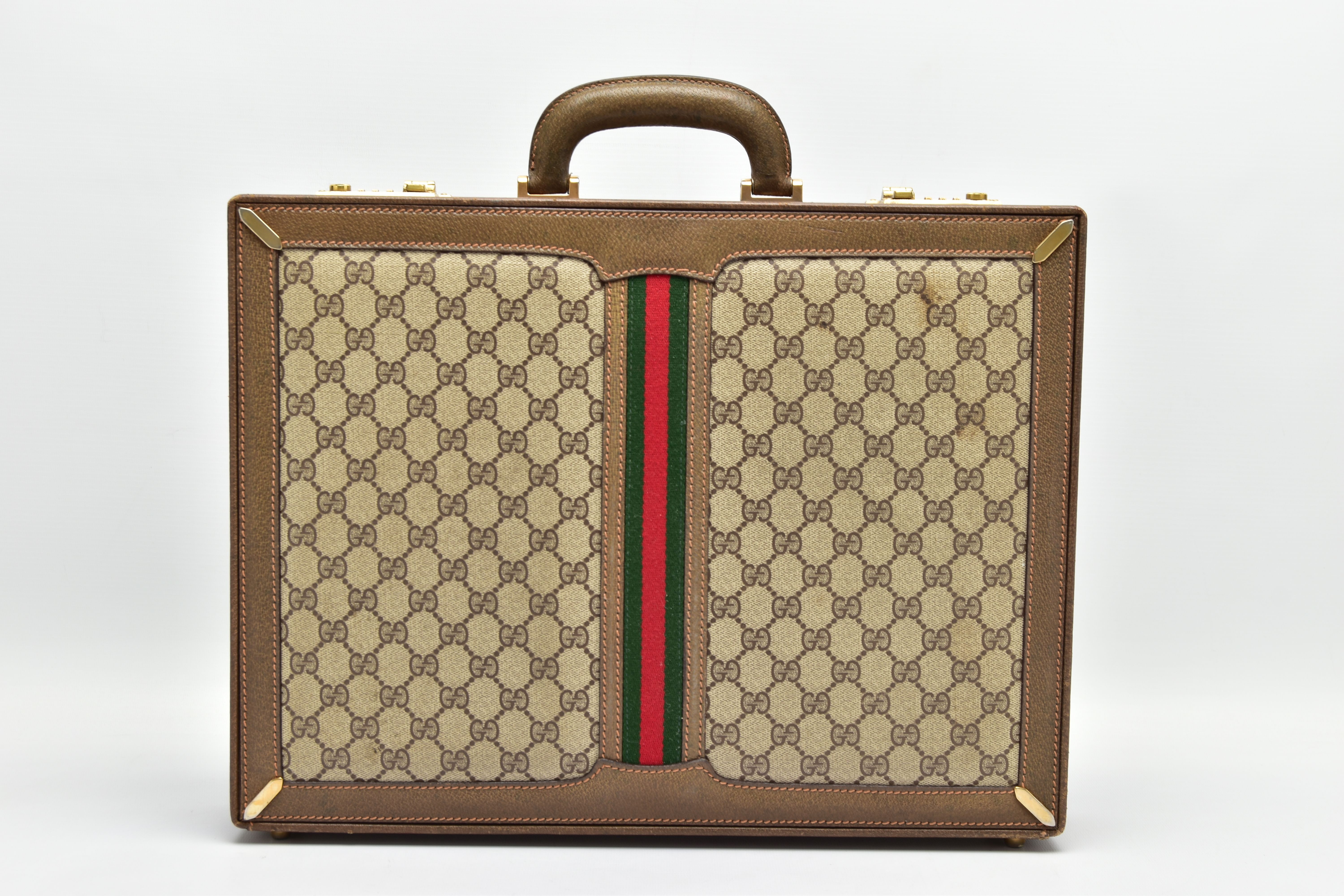 A VINTAGE GUCCI BRIEFCASE WITH GREEN LEATHER TRIM, the front and back vinyl panels with Gucci - Image 4 of 20