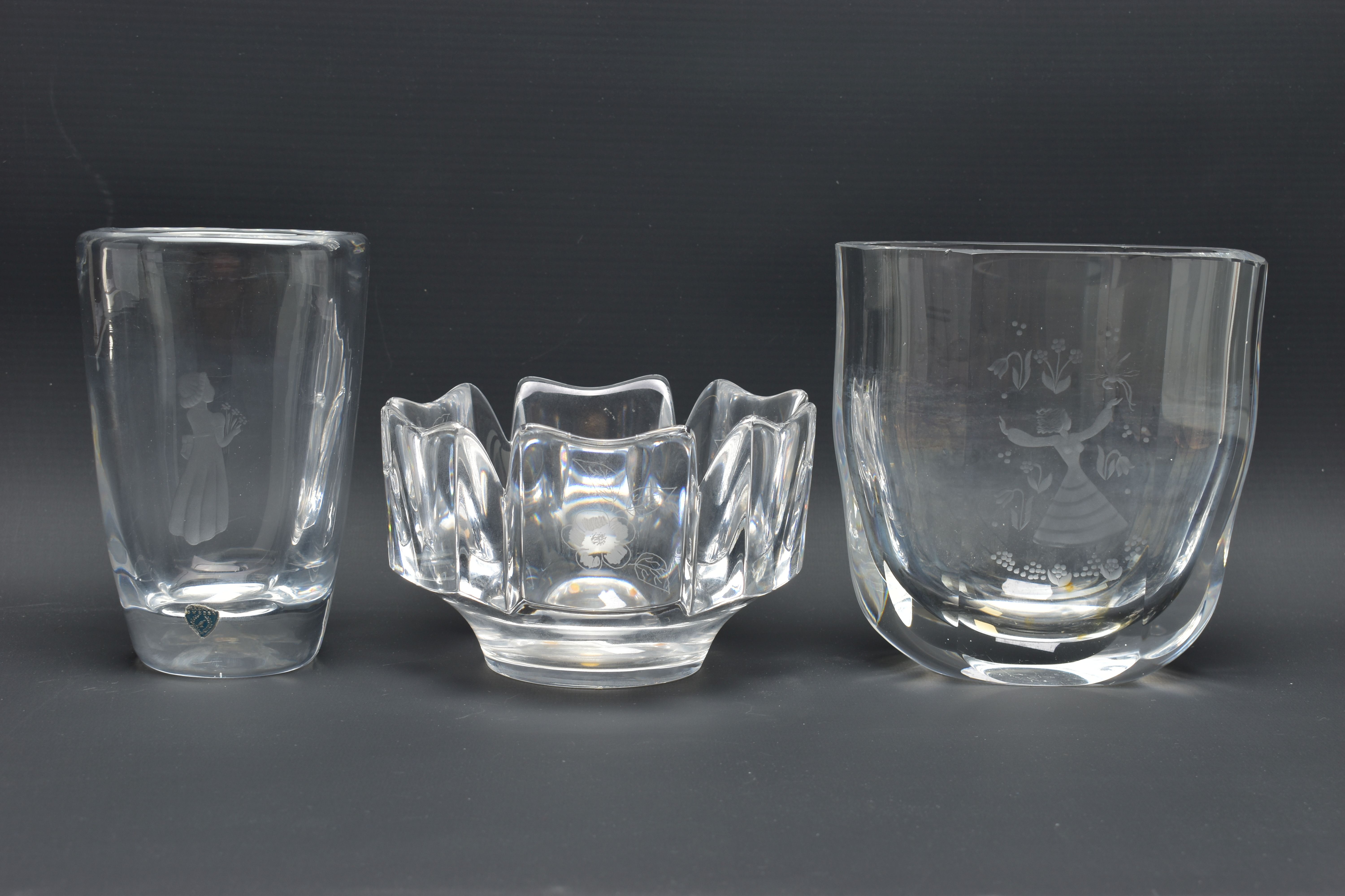 THREE PIECES OF ORREFORS GLASS, comprising a Corona bowl, the castellated panels are alternately