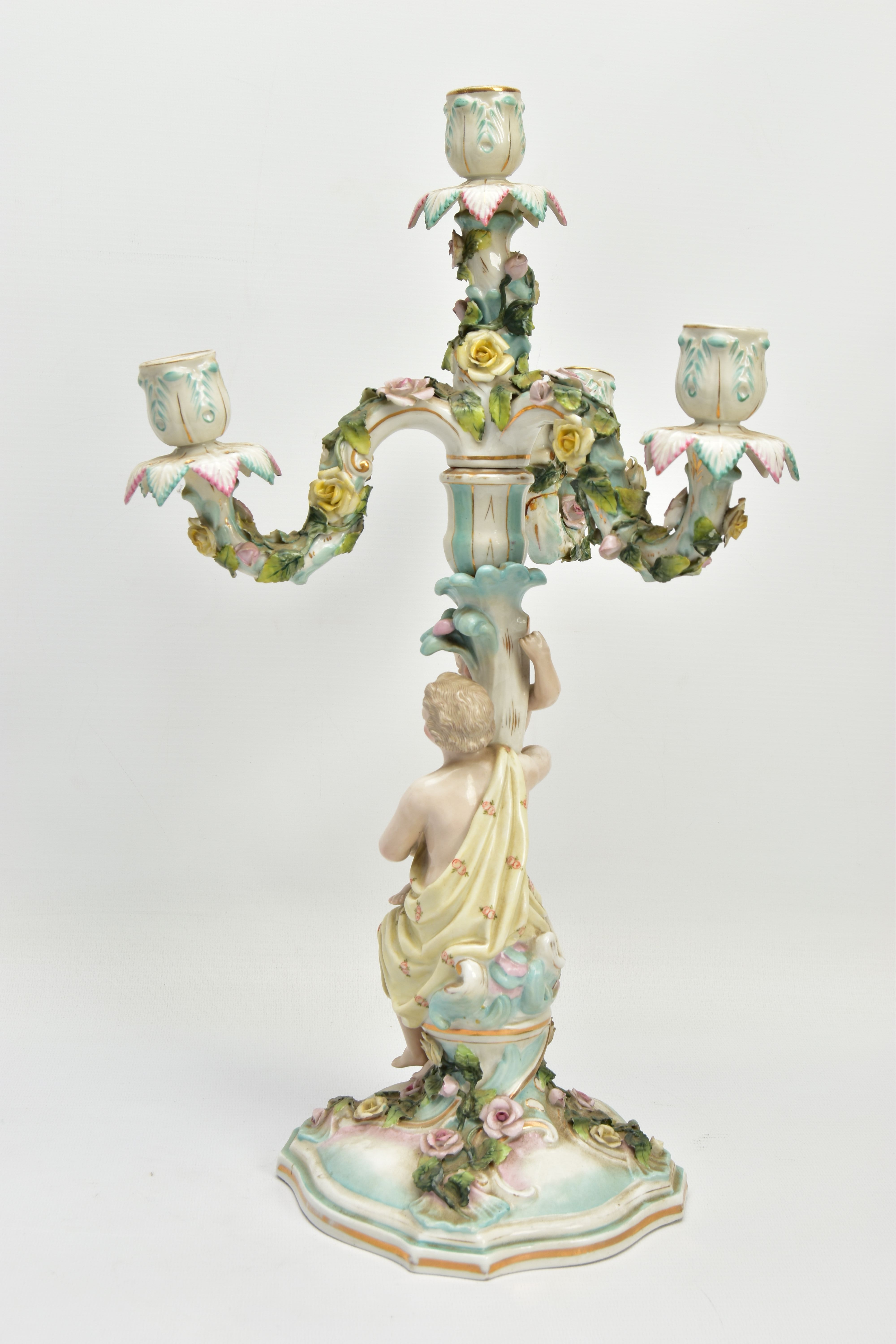 A PAIR OF LATE 19TH / EARLY 20TH CENTURY PLAUE PORCELAIN FLORALLY ENCRUSTED FIGURAL CANDELABRA, each - Image 21 of 23