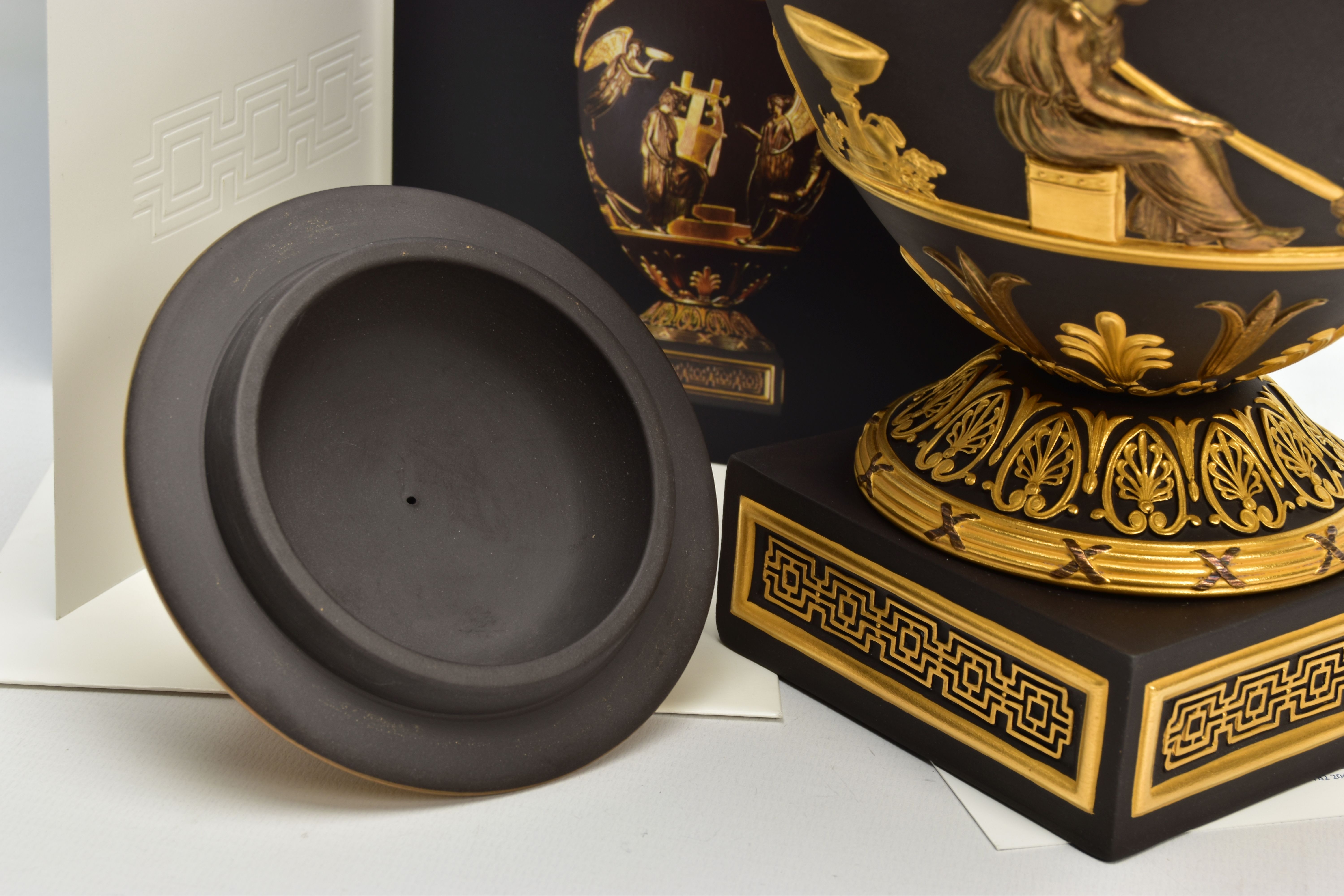 A BOXED WEDGWOOD MASTERPIECE COLLECTION LIMITED EDITION BLACK BASALT AND GILT PEGASUS VASE AND - Image 9 of 11