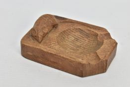 A ROBERT THOMPSON OF KILBURN MOUSEMAN OAK ASHTRAY, carved with signature mouse, length 10cm x