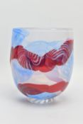 JILL DEVINE (BRITISH CONTEMPORARY) A FOOTED GLASS VASE WITH AN ABSTRACT DESIGN, having a spiral