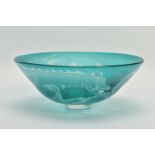 JULIA LINSTEAD (BRITISH CONTEMPORARY) A GREEN OVERLAY GLASS BOWL WITH DRAGON DECORATION, signed to