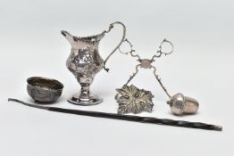 A SMALL PARCEL OF 18TH AND 19TH CENTURY SILVER AND PLATE, comprising a pair of Georgian silver sugar