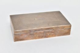 AN ELIZABETH II SILVER CIGARETTE BOX OF RECTANGULAR FORM, engine turned and vacant cartouche,