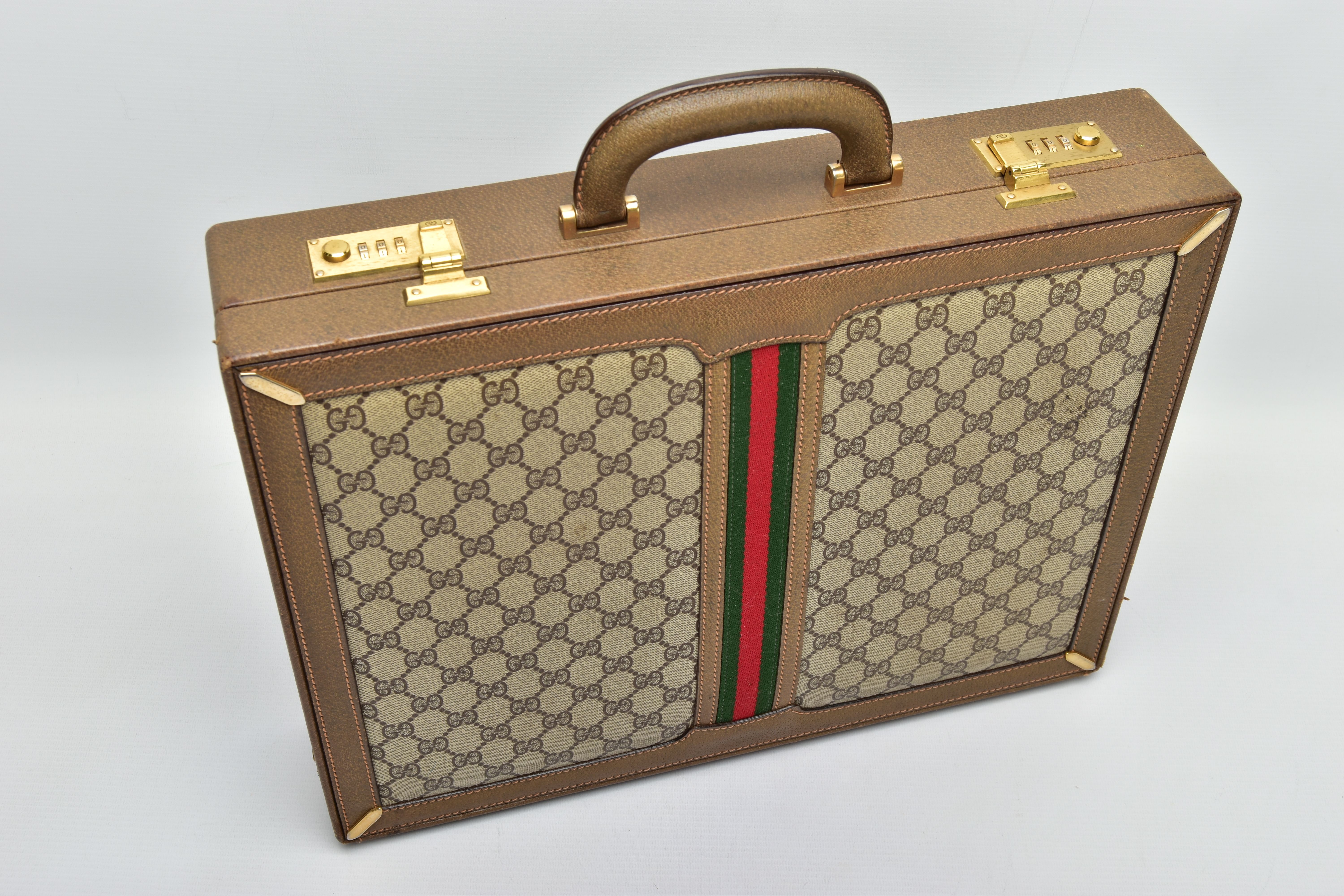 A VINTAGE GUCCI BRIEFCASE WITH GREEN LEATHER TRIM, the front and back vinyl panels with Gucci - Image 2 of 20