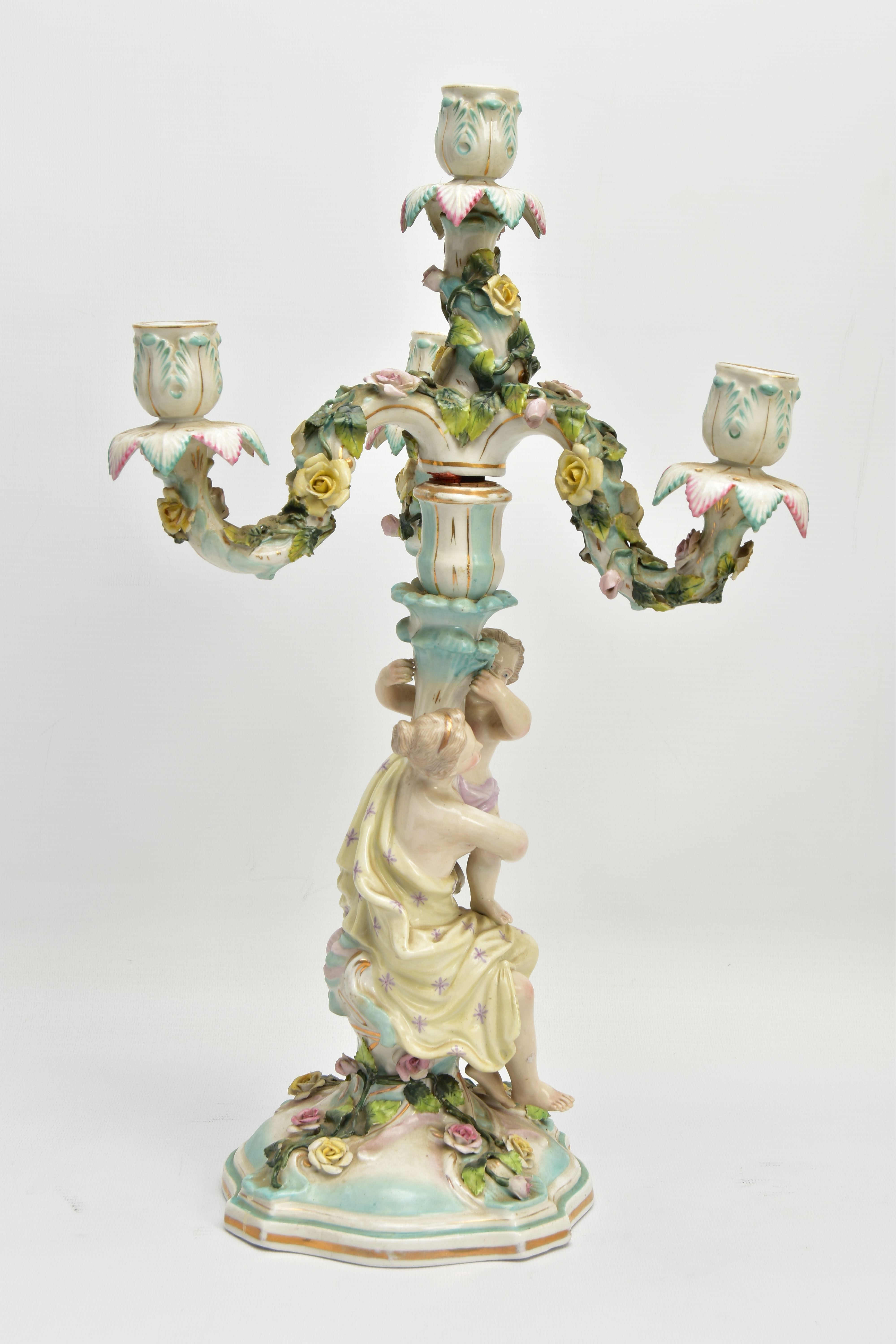 A PAIR OF LATE 19TH / EARLY 20TH CENTURY PLAUE PORCELAIN FLORALLY ENCRUSTED FIGURAL CANDELABRA, each - Image 4 of 23