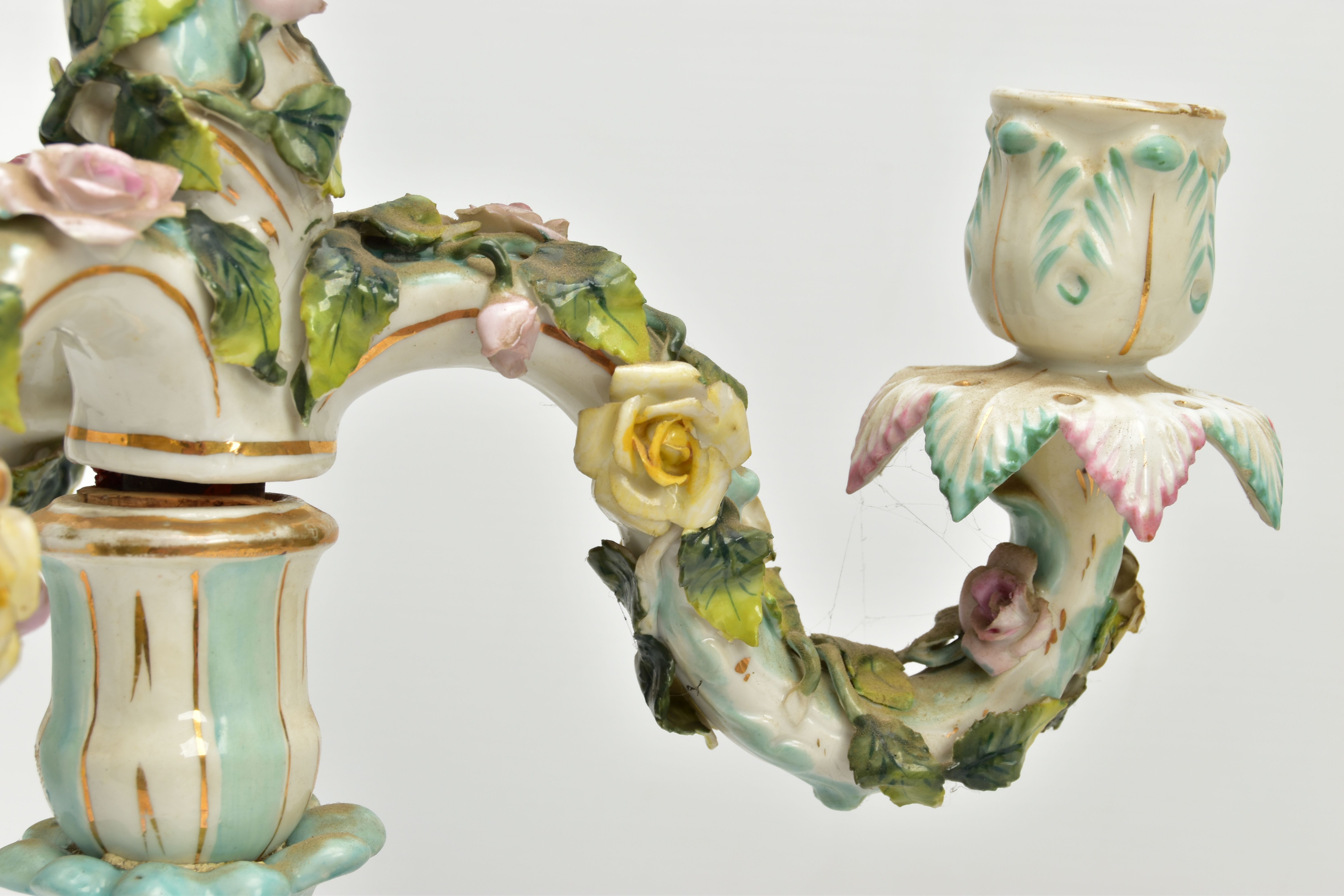 A PAIR OF LATE 19TH / EARLY 20TH CENTURY PLAUE PORCELAIN FLORALLY ENCRUSTED FIGURAL CANDELABRA, each - Image 13 of 23