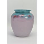 A VASART STUDIO GLASS VASE, the pink mottled body has red swirls graduating to a mottled green