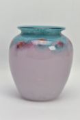 A VASART STUDIO GLASS VASE, the pink mottled body has red swirls graduating to a mottled green