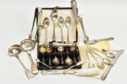 A PARCEL OF SILVER AND SILVER HANDLED CUTLERY AND FLATWARE, including a William IV Scottish Fiddle