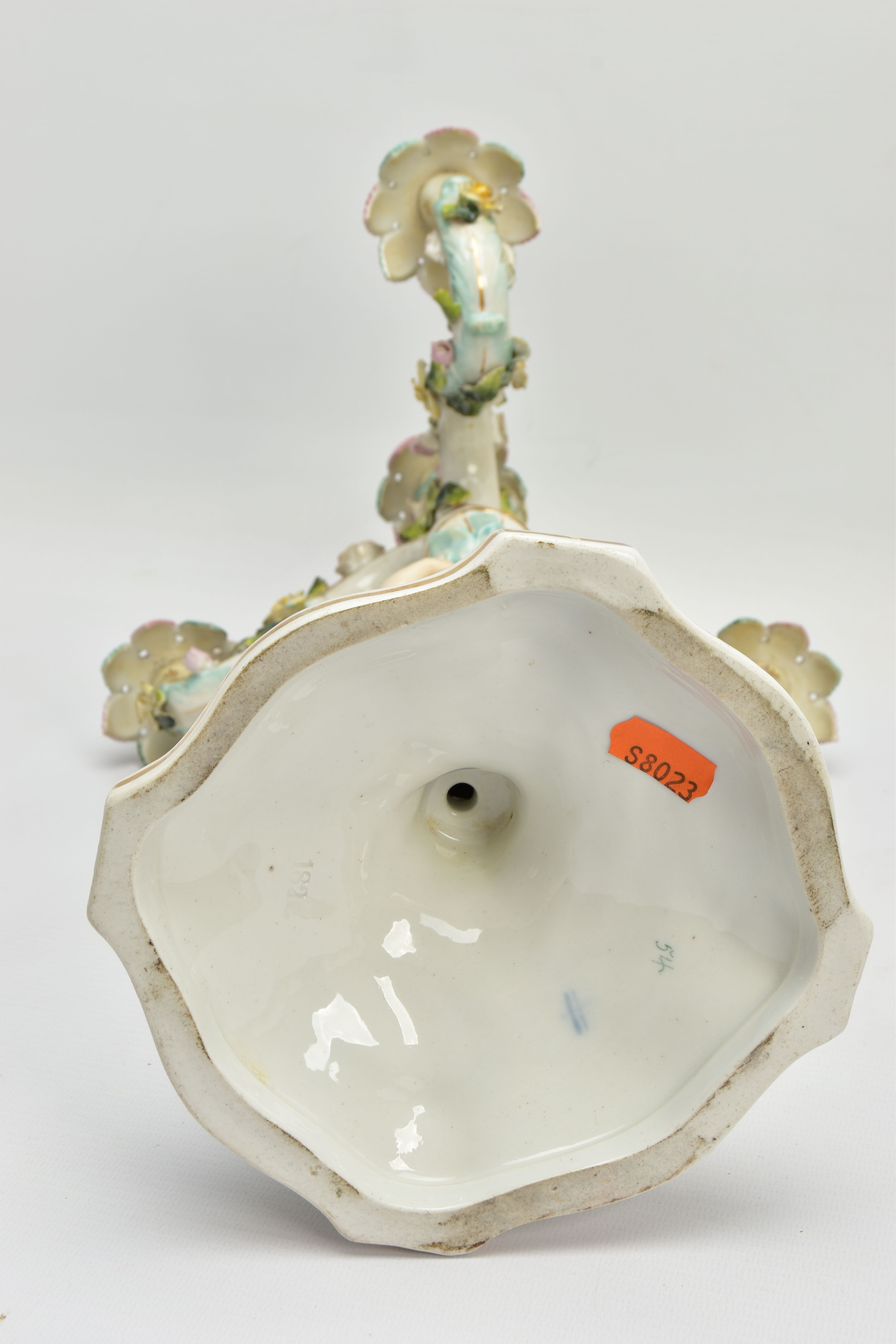 A PAIR OF LATE 19TH / EARLY 20TH CENTURY PLAUE PORCELAIN FLORALLY ENCRUSTED FIGURAL CANDELABRA, each - Image 11 of 23