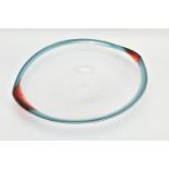 NEIL WILKIN (BRITISH 20TH CENTURY) A LARGE SHALLOW GLASS BOWL, having a clear body and coloured rim,