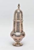 A GEORGE III SCOTTISH SILVER SUGAR CASTER OF BALUSTER FORM, unmarked pull off cover with urn