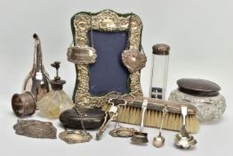 A PARCEL OF ASSORTED DRESSING TABLE SILVER, DECANTER LABELS, OLD SHEFFIELD PLATE WINE FUNNEL,